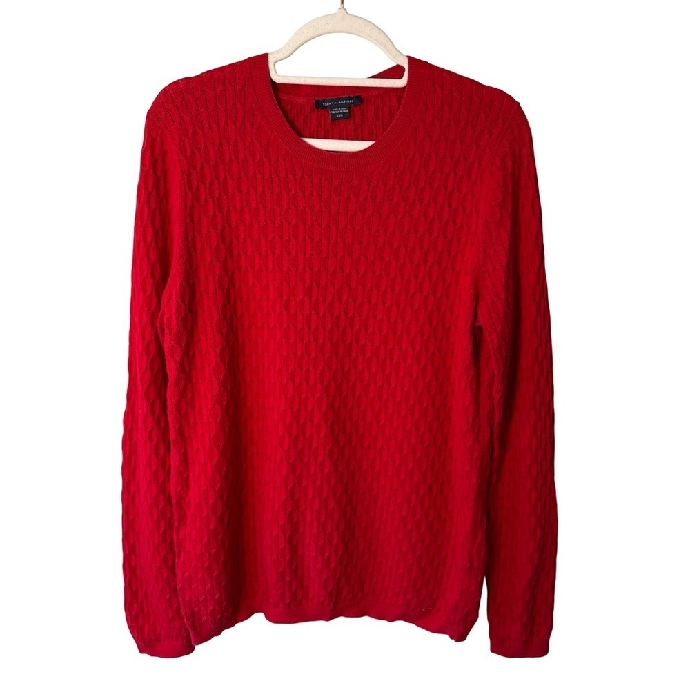 Tommy Hilfiger Vibrant Red Knit Sweater Size L Cozy Holiday Fall Winter Classic